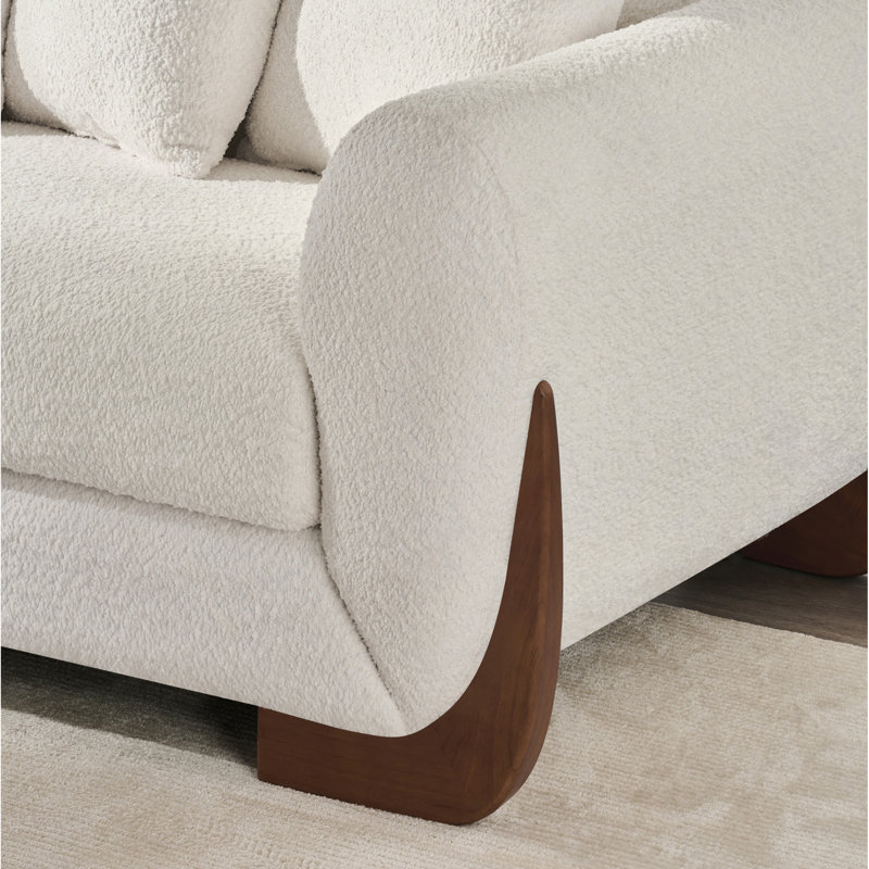 Modern Elegant Design 3 Seater Sofa With Wooden Legs, Comfortable Lambswool 5 Pillows For Living Room, Bedroom, Apartment, Beige