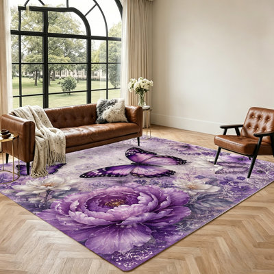 Tapis décoratif d'intérieur à motif floral papillon violet, antidérapant et lavable à la machine, idéal pour le salon, la chambre à coucher, l'entrée et les bureaux.