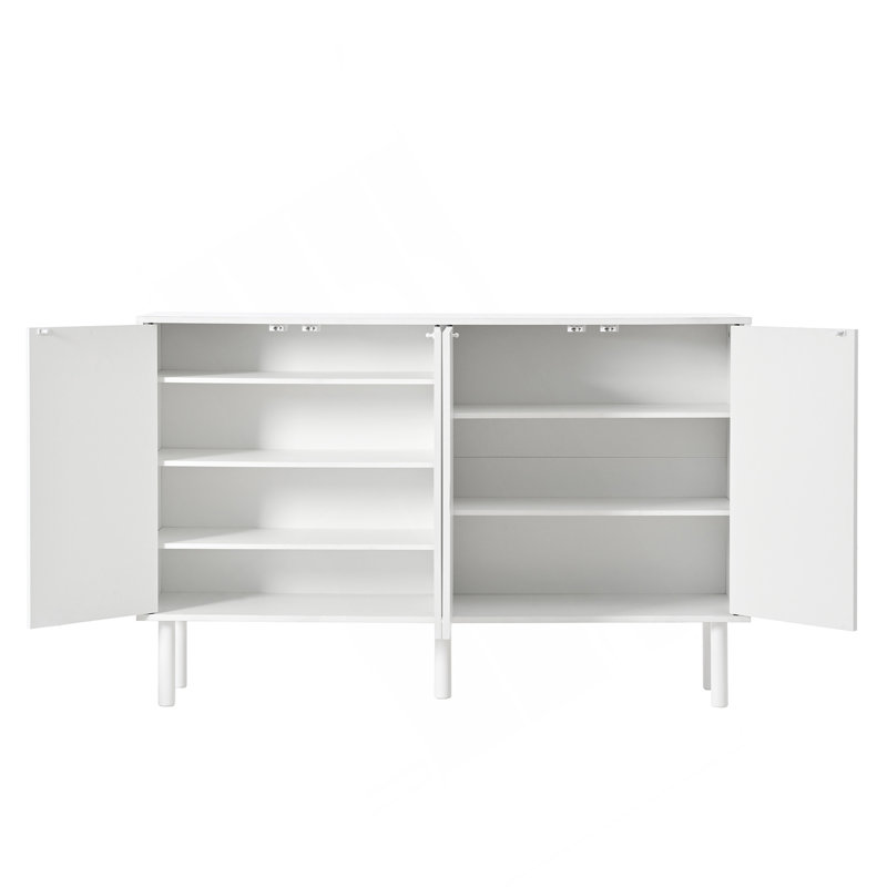 Minimalist Shoe Cabinet With 5 Solid Wood Legs, Cream Style Sideboard Buffet Cabinet With Fluted Doors, Large 4-Door Storage Cabinet With Adjustable Shelves For Living Room, White, 55.1*13.7"