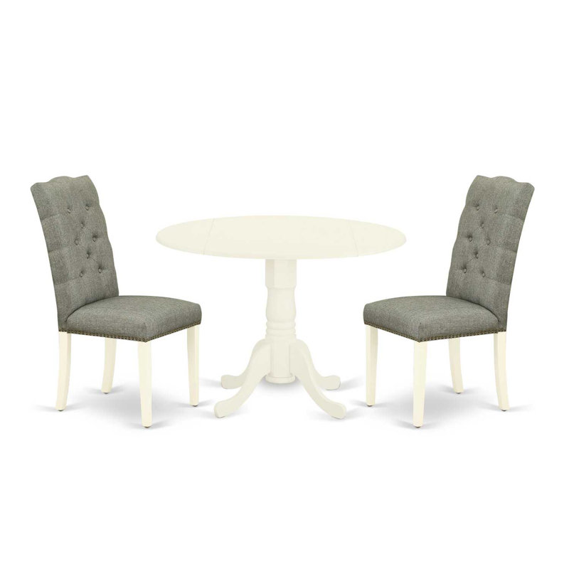 L'ensemble de 3 pièces de table de salle à manger moderne comprend une table ronde en bois avec Dropleaf et 2 chaises de salle à manger Parson en tissu gris, 42 x 42 pouces, lin blanc