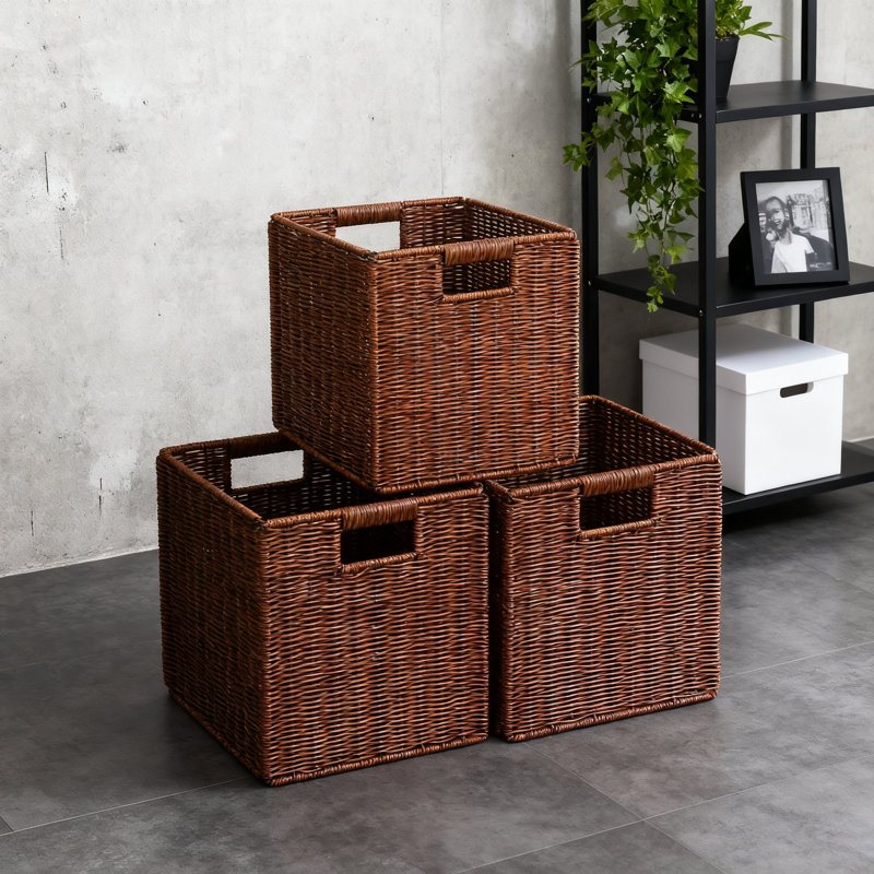 Foldable Plastic Woven Storage Baskets With Handles, 11-Inch Cube Organizer Bins For Shelves, Laundry, And Nursery Room Organization, Set Of 3