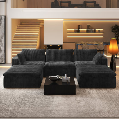 Canapé modulaire en forme de U en velours côtelé 5 pièces, canapé Cloud avec 2 repose-pieds, aucun assemblage requis