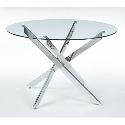 Round Dining Table With Cross Metal Leg And Glass Top