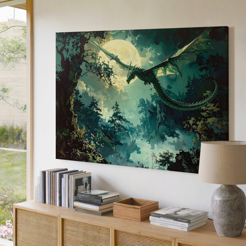 Toile, art mural, éclair de lune, éclair de dragon, nuit de forêt fantaisiste, H 30 po x l 40 po