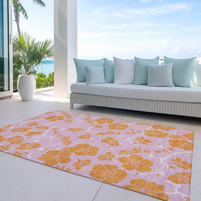 Pink Floral Synthetic Rectangular Washable Area Rug 3' x 5'