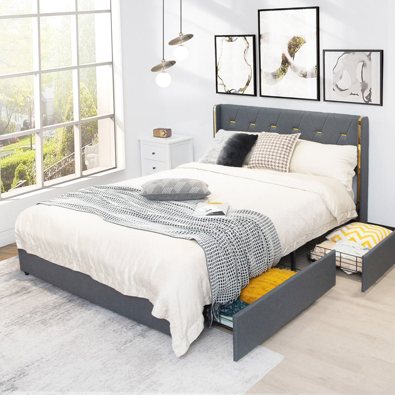 Thaxted Upholstered Metal Platform Storage Bed, Queen, Dark Gray