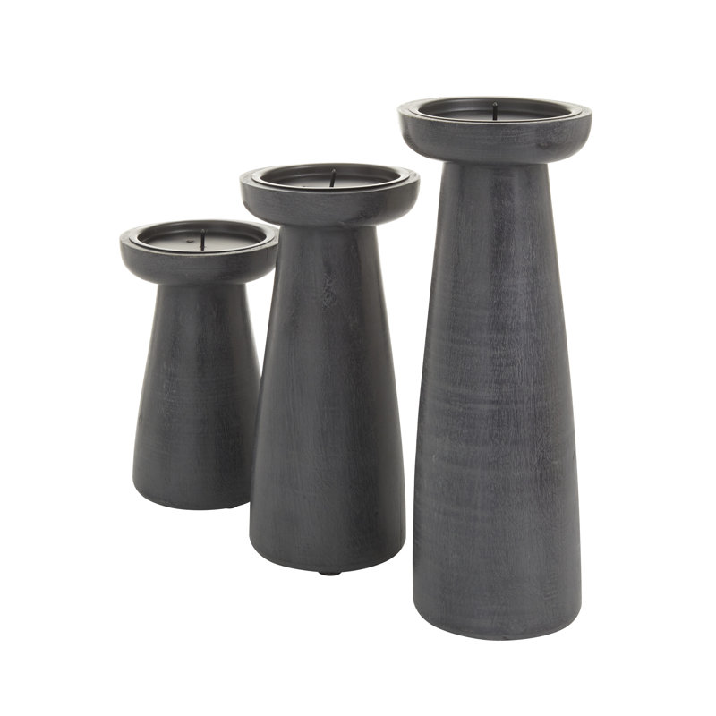 Gray Wood Tabletop Candlestick Set with T-Shaped Base