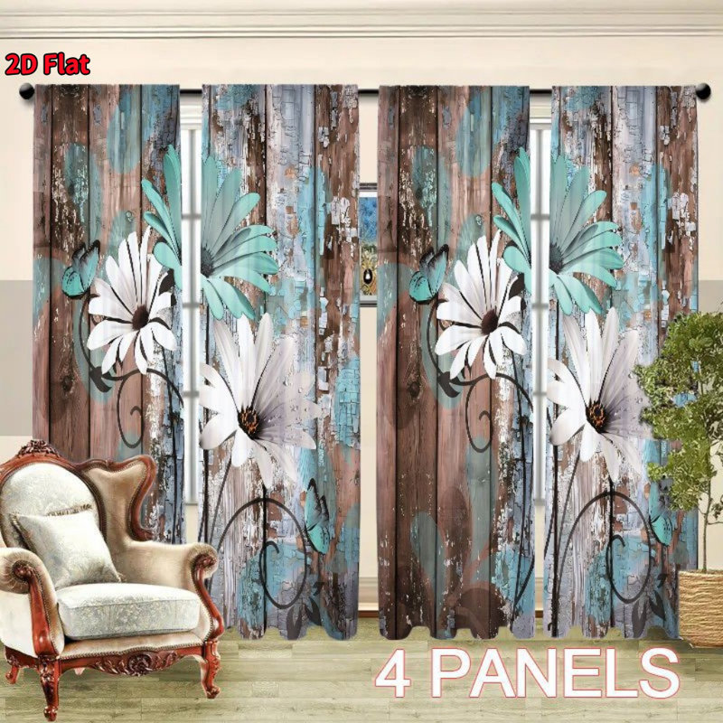 4Pcs Wood Grain Retro Blue Flower Pattern, Adopting Pocket Pole Installation, Digital Printing Curtains, Suitable for Living Room, Kitchen, Bedroom, Study, Bathroom, Hotel, Dining, Home Decoration