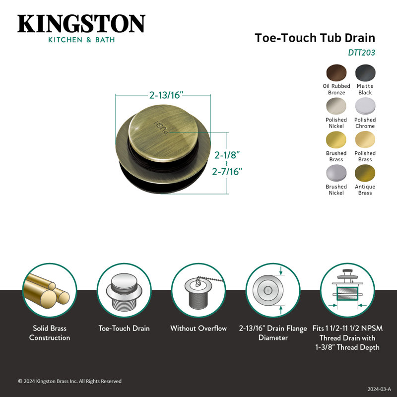 Kingston Brass Made To Match Brass Toe Touch Tub Drain, Vintage Brass