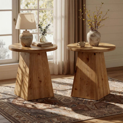 19" Small Solid Wood End Table with Trapezoid Base, Round Living Room Side Table
