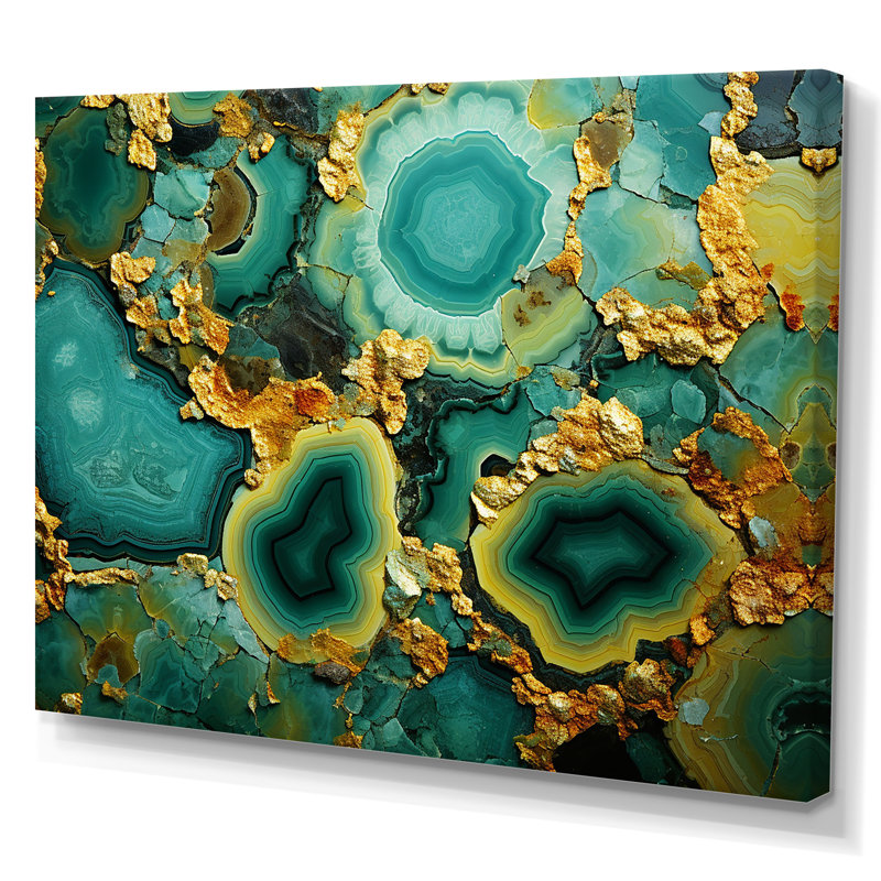 Amazonite dorée verte dorée - géode de pierre, art mural, Toile tendue, H 40 po x l 60 po x P 1,5 po
