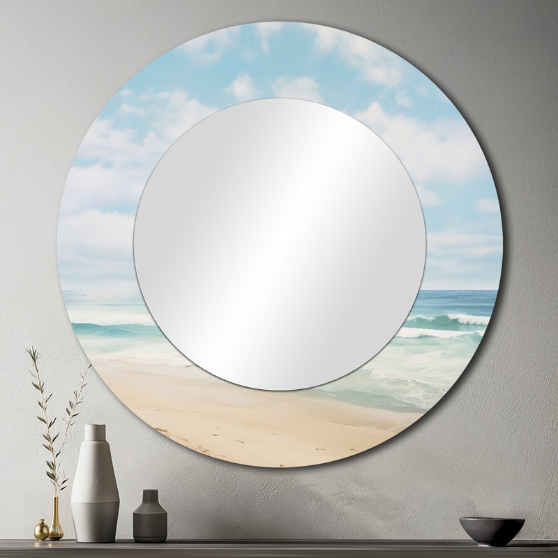 Scheck Beach Photo Coastal Tranquility III - miroir mural décoratif de plage, miroir rond beige, impression d'art en métal