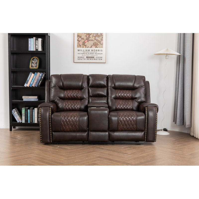 Ilyia Two Tone Vegan Leather Livingroom Reclining Loveseat, Brown Faux Leather