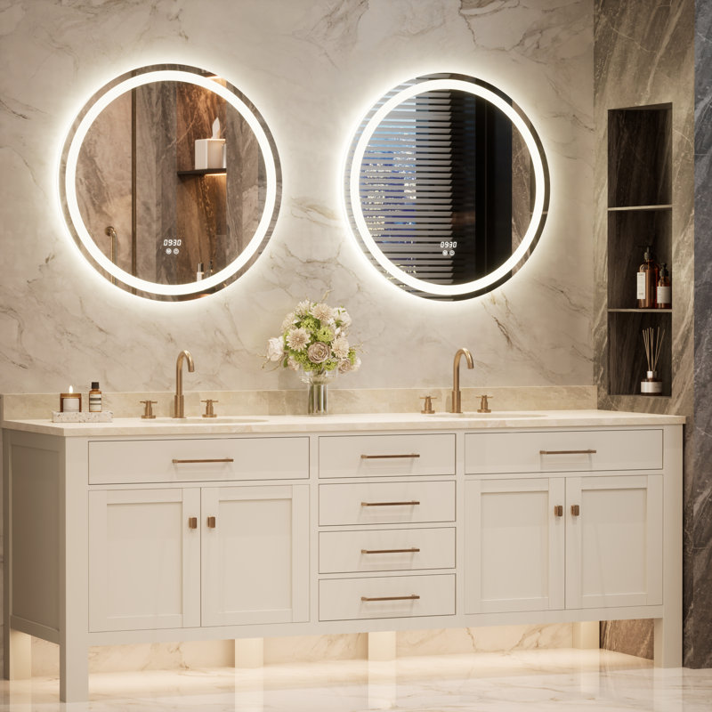 Miroir rond pour salle de bain à DEL avec horloge, température de 3 couleurs, antibuée, certifié UL, verre trempé, 30" x 30"