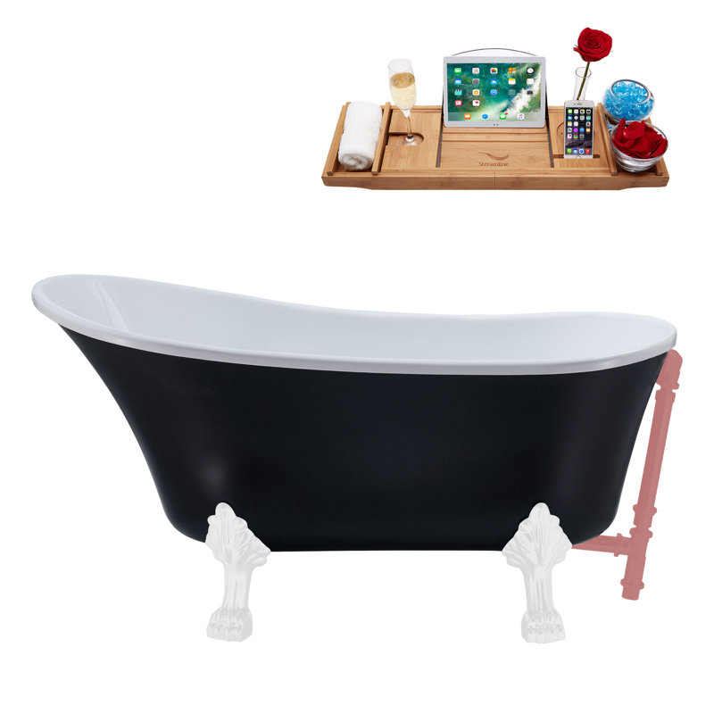 55" Streamline Clawfoot Soaking Acrylic Bathtub With Drain, Clawfeet, and Bamboo Tray, Glossy White, Matte Pink