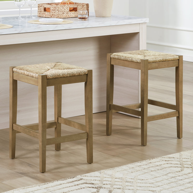 Solid Wood Farmhouse Style Bar Stool With Handwoven Rope Seat, Beige