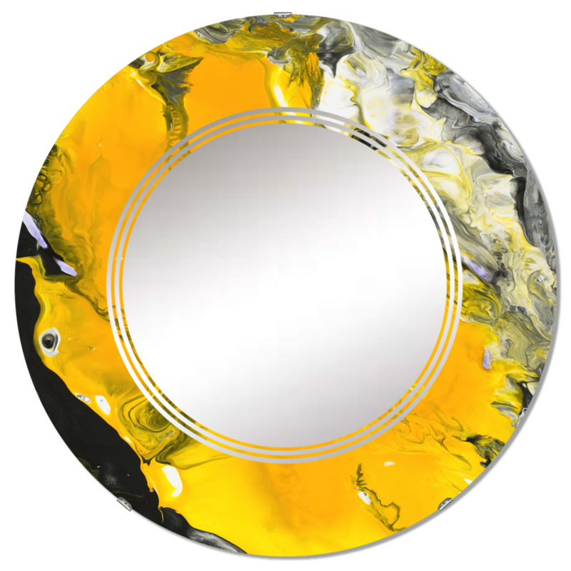 Jaune liquide noir et blanc liquide Art VI - Miroir mural rond moderne, 24 po x 24 po