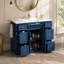 Meuble-lavabo bleu marine de 123 cm (48,36 po) avec lavabo en céramique, 6 tiroirs, tiroir central à ouverture latérale, portes à fermeture amortie, porte-serviettes réversible, MDF