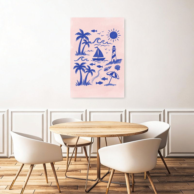 Coastal Summer Illustration Abstract Palm Tree Bird Fish Coastal Wall Art Print 1 Piece Wrapped Canvas Wall Art