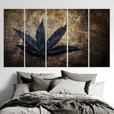 Reproduction d'art sur verre de feuille de marihuana rétro - toile florale, toile tendue 5P