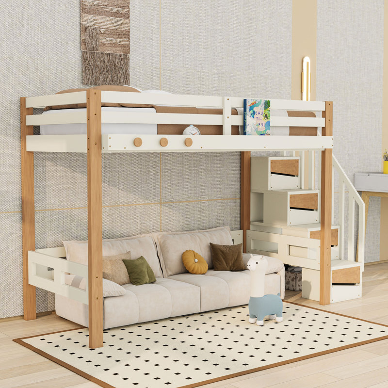 Lit mezzanine avec tablettes de rangement, crochet à vêtements et espace sous le lit, Lit simple