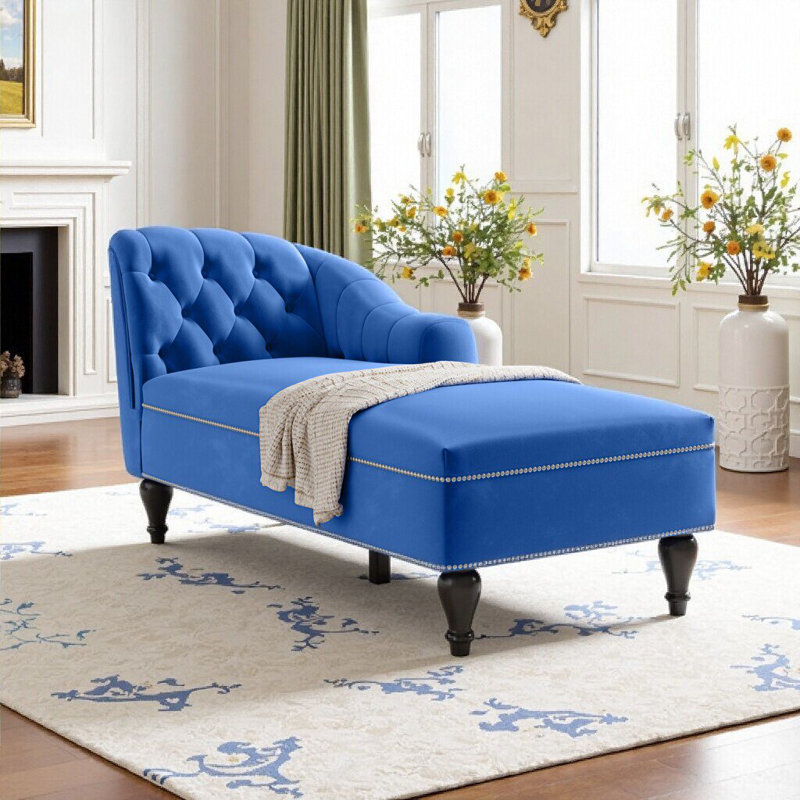 Chaise longue en velours avec capitonnage à boutons et garniture cloutée, pieds en bois massif, capacité de poids de 250 lb