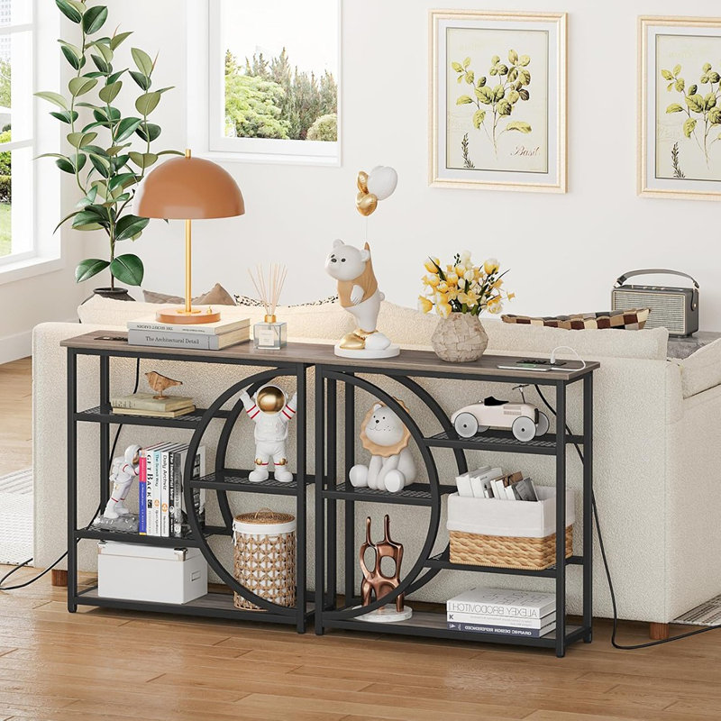 Entryway Table, Console Table With Charging Station, Industrial Narrow Sofa Table With 5 Tier Storage Shelves, Entrance Table For Hallway, Living Room, Foyer, Grey