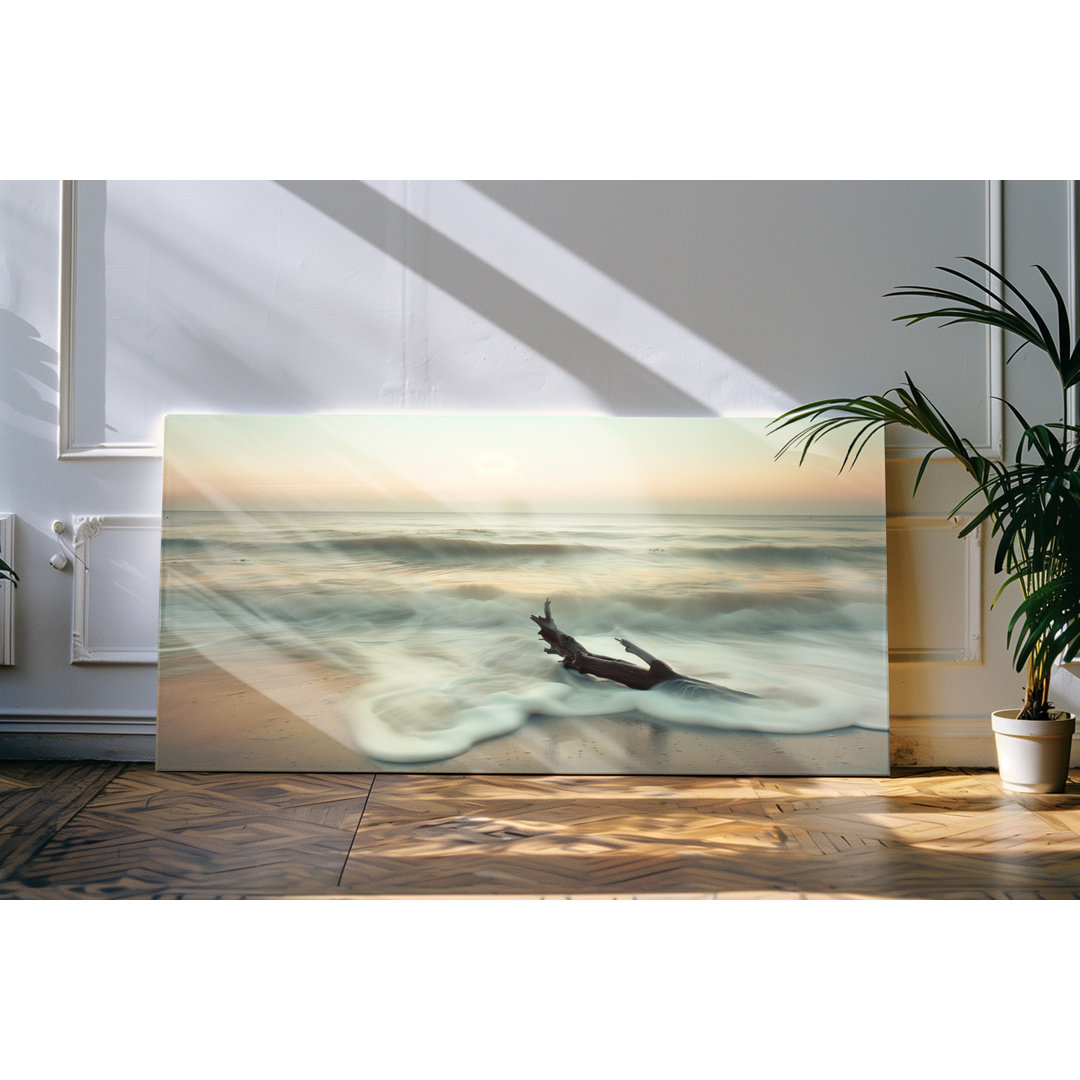 Leinwandbild gerahmt 120x60cm Meer Strand Treibholz Horizont stille See