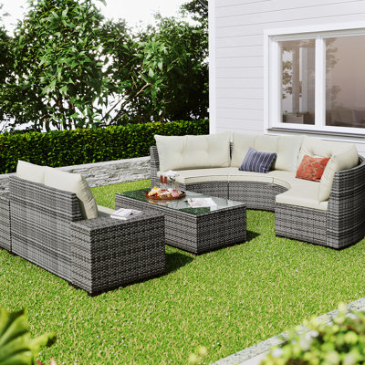 Outdoor Wicker Round Sofa Set, Curved Sofa Set With Rectangular Coffee Table