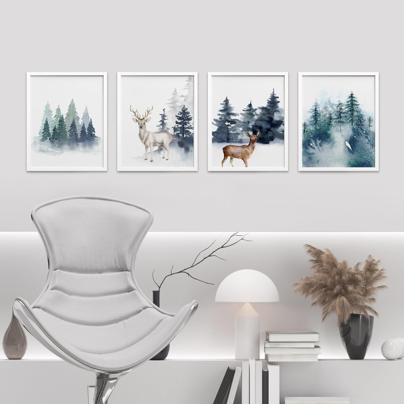 «Pastel Christmas Reindeer Deer Moose Forest», reproduction d'art encadrée sur papier 4 pièces, Blanc, H 10 po x l 8 po