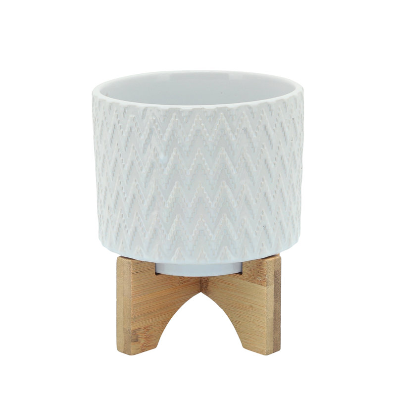 Geometric Round Ceramic Outdoor Planter on Stand for Living Room or Patio Decor - Modern Indoor Flower Pot Display for Home Decor Styling - White