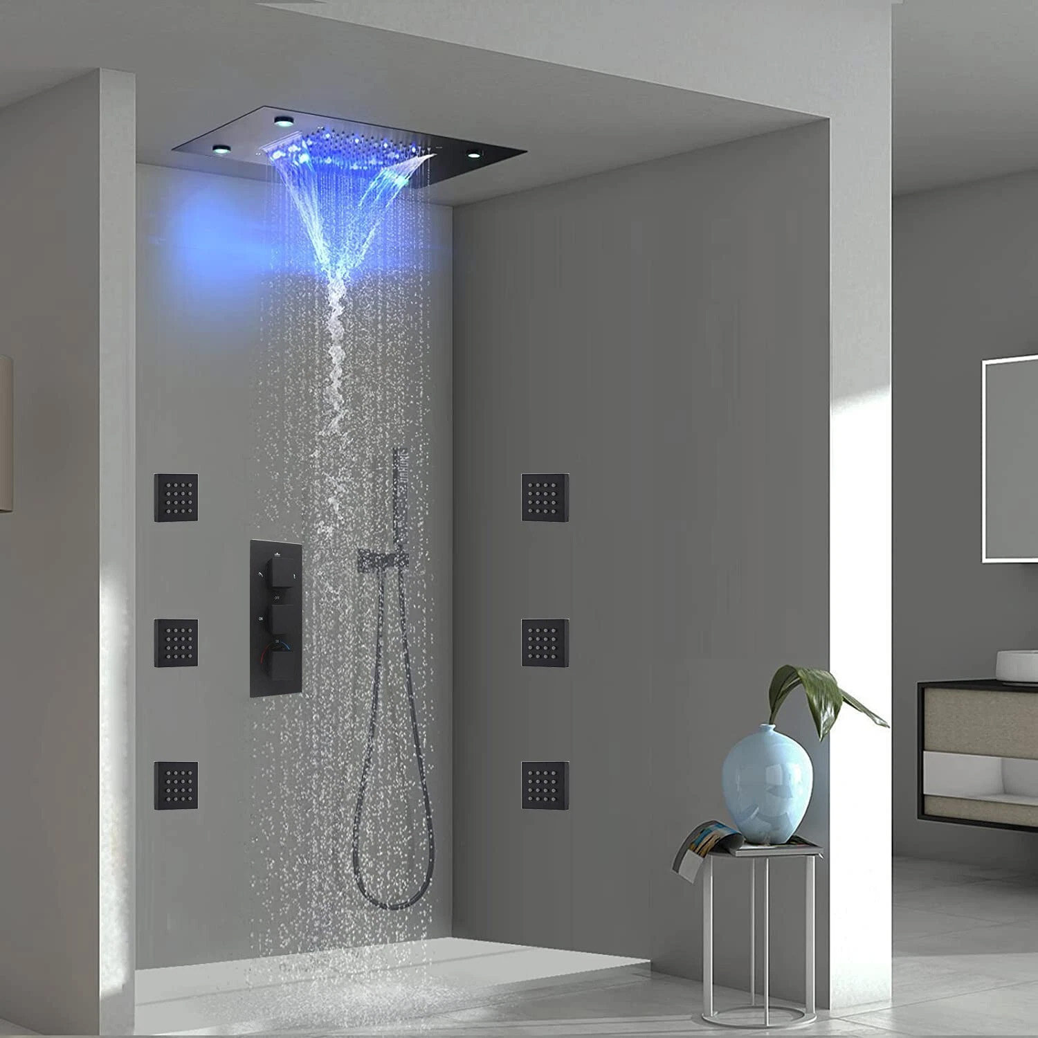 AlenArtWater Brushed Gold LED Rainfall Shower System with 64 ...