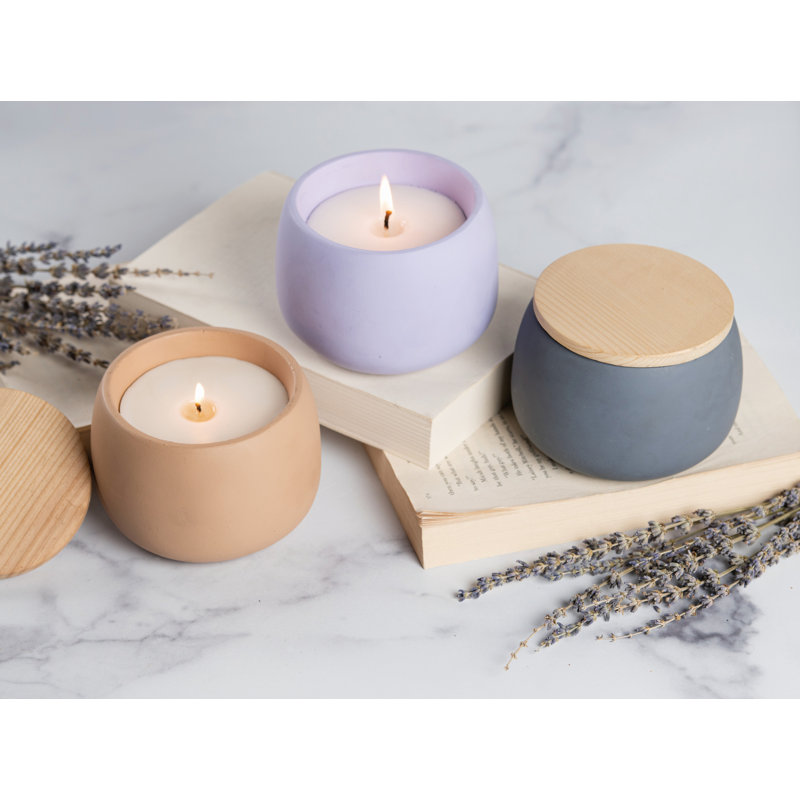 Porte-bougie brun en ciment avec couvercle et bougie en soja, Gris