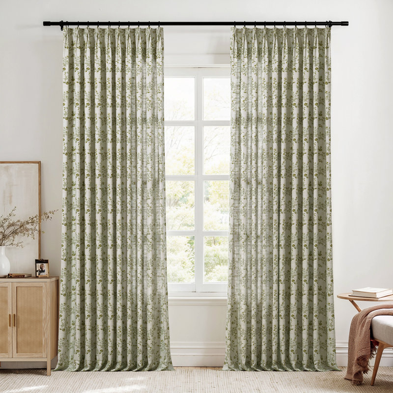 TWOPAGES Unlined Floral Curtain Printed Faux Linen Pinch Pleat Curtain, Porcelain, 52" W x 108" L