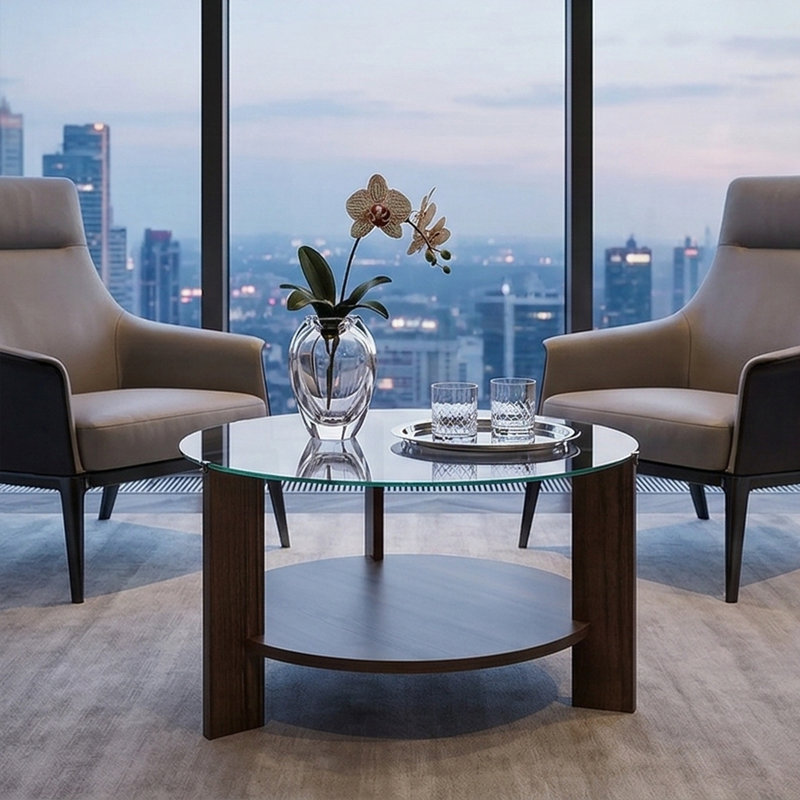 Table basse ronde Elara avec plateau en verre trempé et rangement Elara, Transparent, Noyer