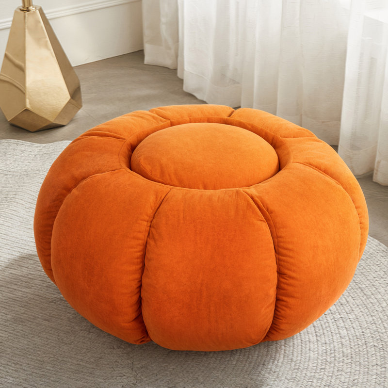 Geometric Comfort Wowmax Pumpkin Shape Ottoman Coffee Table, Modern Pumpkin Upholstered Ottoman Coffee Table, Extra Large Round Ottoman For Living Room Lounge, Orange