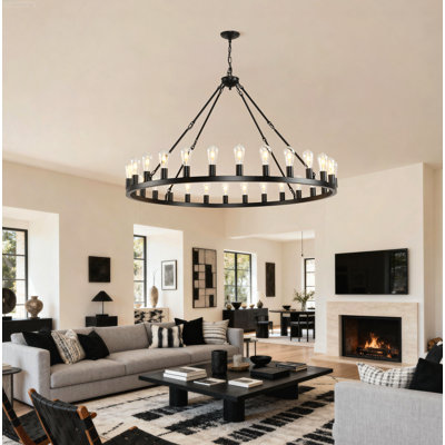 Farmhouse 28-Light Round Wagon Wheel Pendant Light with Adjustable Chain Matte Black