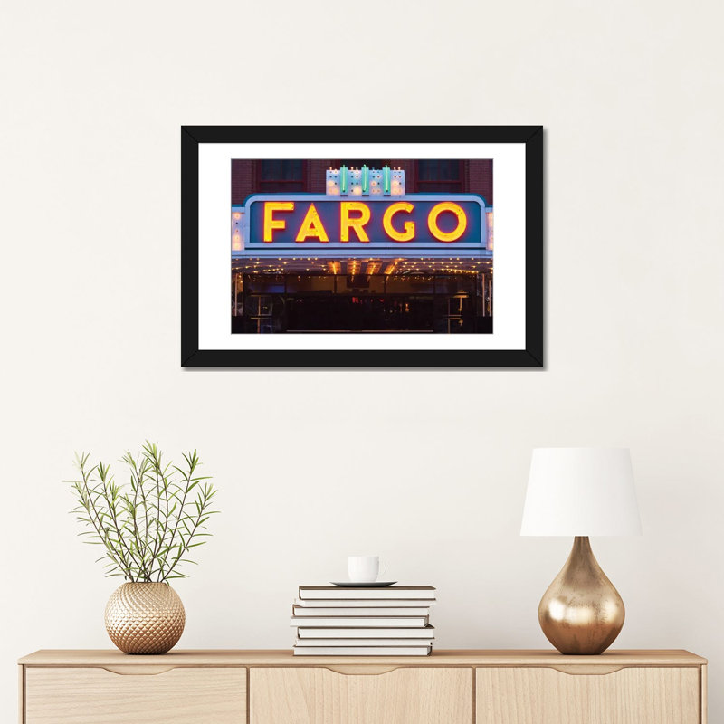 «Marquee Fargo Theatre» par Walter Bibikow, reproduction sur toile, Papier d'art encadré noir, Blanc