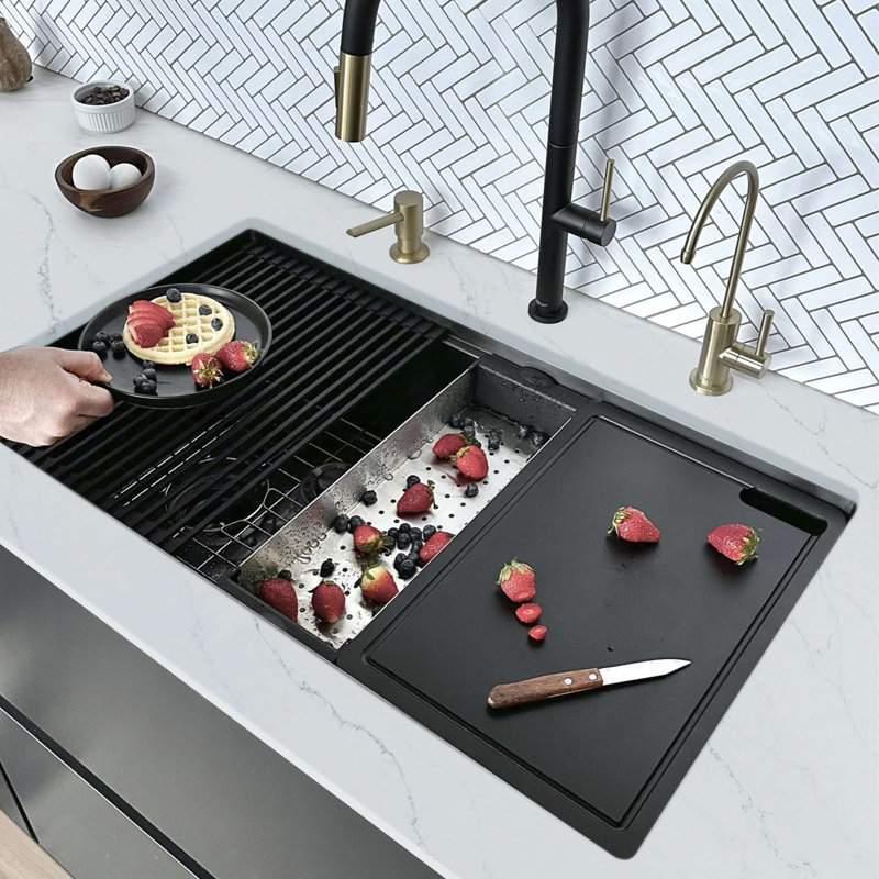 Stylish Versa33 Undermount 33" Workstation 16-gauge Single-Bowl Kitchen Sink, Graphite Black