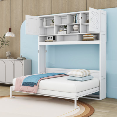 Grand lit escamotable en bois avec rangement et panneaux décoratifs