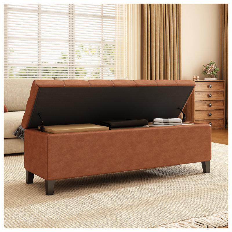 Repose-pieds rembourré capitonné avec rangement en cuir PU, brun cognac, banc rectangulaire avec cadre en pin et contreplaqué
