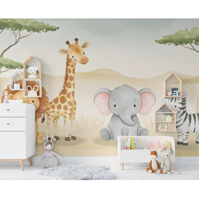 Papier peint safari, lion, girafe, chambre d'enfant et chambre d'enfant, éléphant et girafe, aquarelle, lion, art zébré 614RS (Peel-N-Stick) RS614