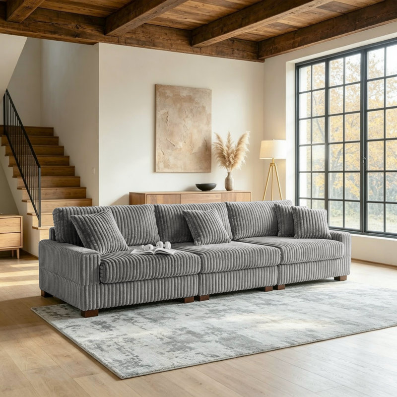 3 - Piece Upholstered Light Gray Faux Rabbit Fur Flannel Modular Sectional Sofa with Armrests & Throw Pillows, Light Gray