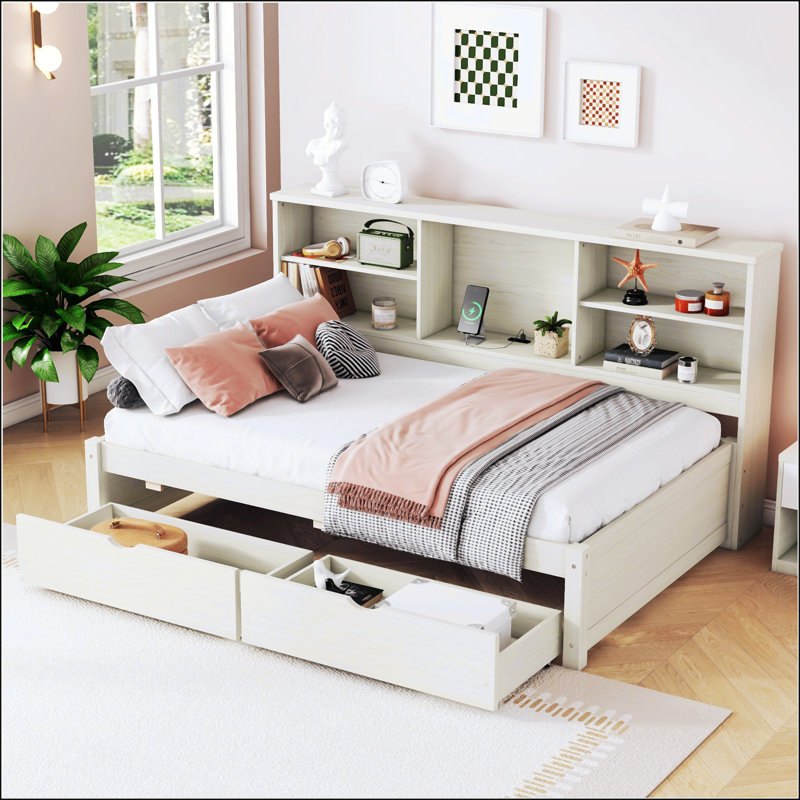Twin Size Bed Frame With Side Bookshelves And Drawers,USB Port, Creamy White