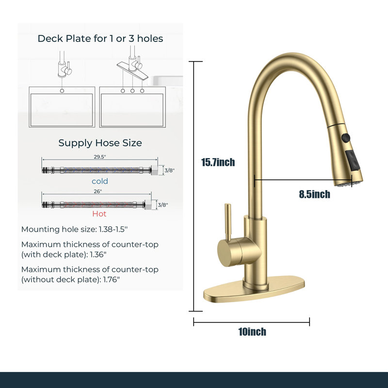 Stainless Steel Kitchen Faucet With Pull-Down Sprayer, High Arc Single Handle, Suitable For 1 Or 3 Holes., Gold