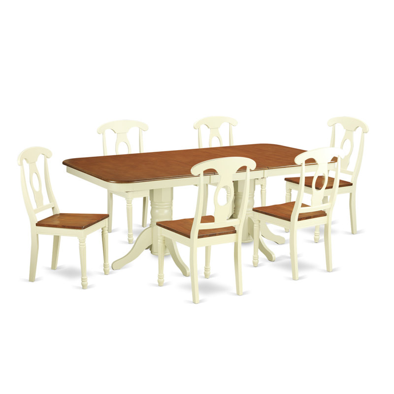 7 Piece Modern Dining Table Set Consist of a Rectangle Wooden Table with Butterfly Leaf and 6 Dining Room Chairs, Buttermilk & Cherry