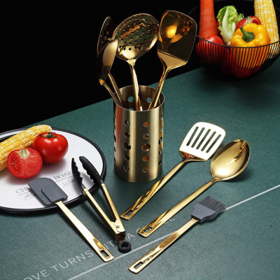 Gold Cooking Utensils Set, Berglander Stainless Steel 13 Pieces Kitchen Utensils Set With Titanium Gold Plating, Kitchen Tools Set With Utensil Holder