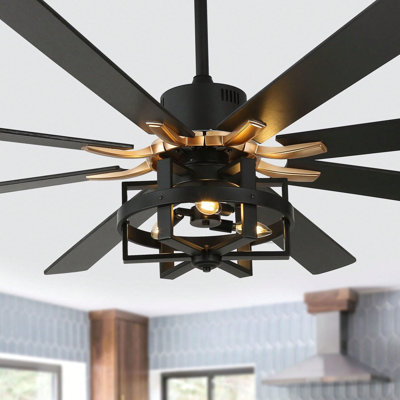 Hilde 65'' Industrial Large Ceiling Fan with Lights and Remote Control, Black Caged Reversible DC Motor Chandelier Ceiling Fan For Living Room