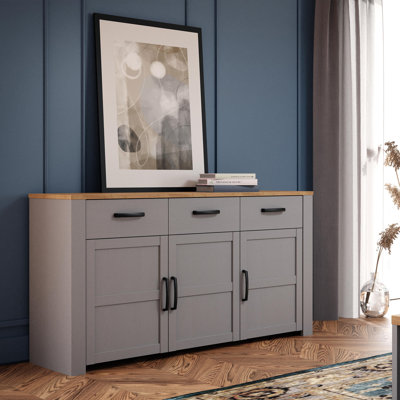 Farmhouse style chest of drawers with 3 doors and 3 drawers, living room, bedroom, engineered wood, grey/warm oak decor, 166.1 cm W x 87 cm H x 42 cm D