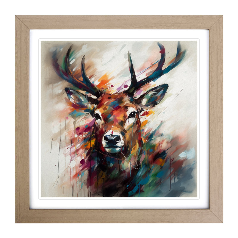 Stag Gestural Art - Single Picture Frame Print on Wood, Oak